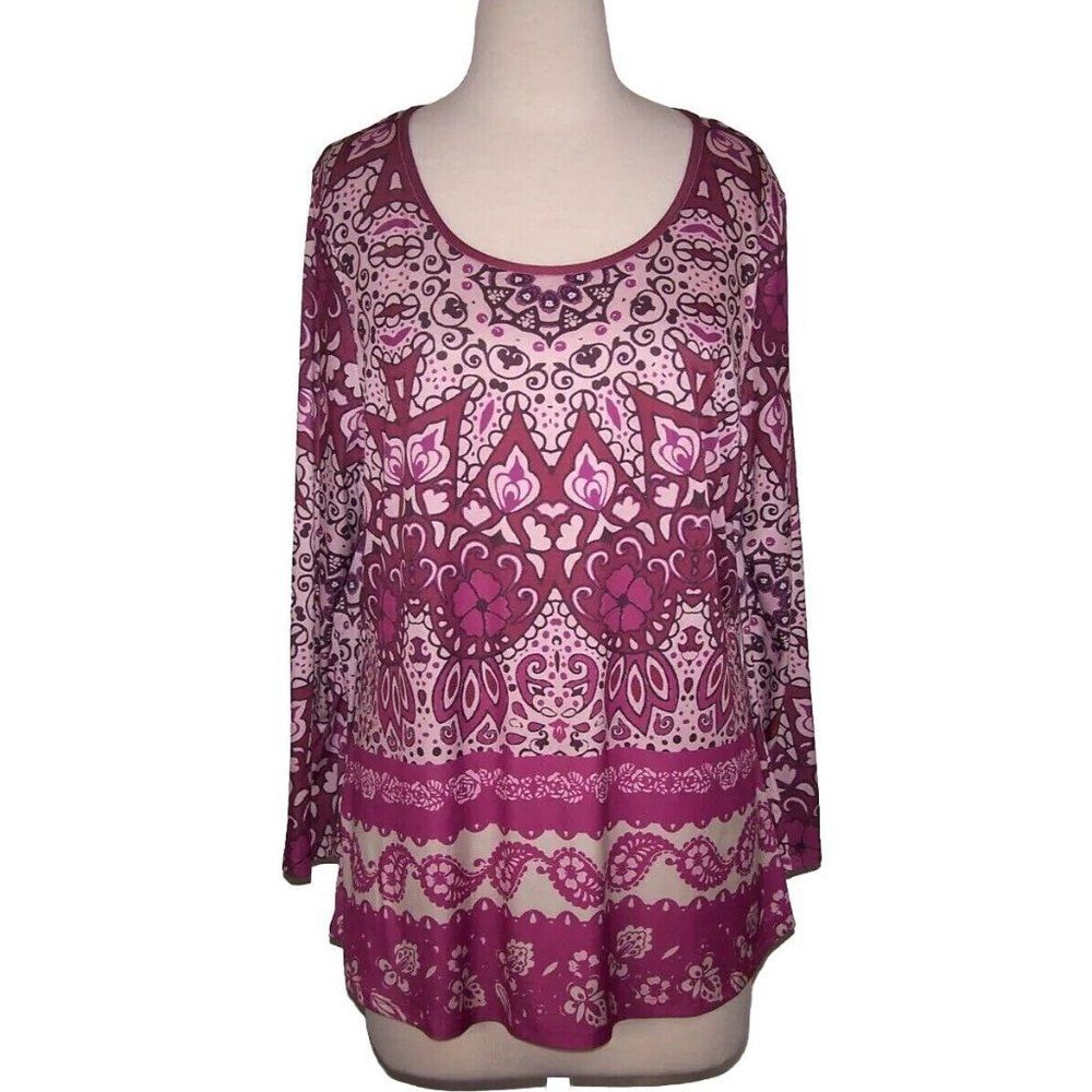 Lily by Firmiana Tunic Top Womens 1XL Flowy Stretch Long Sleeves Scoop Neck